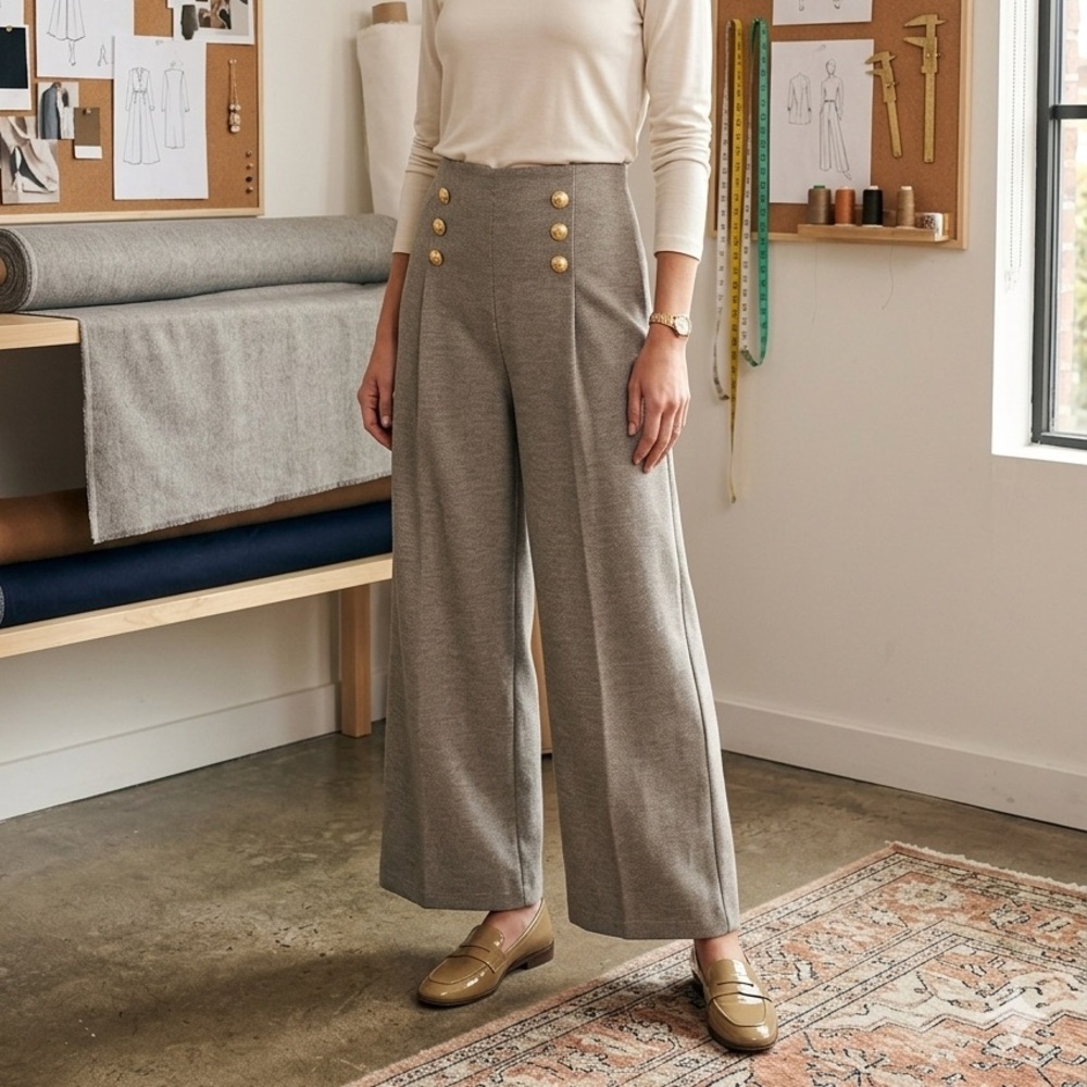 Zara NWT Taupe Wide-Leg High-Waist Pants with Gold Buttons ref 3644/198 office L